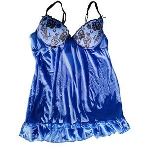 Womens Blue Lingerie Nightgown With Black Lace Trim & Adjustable Straps
